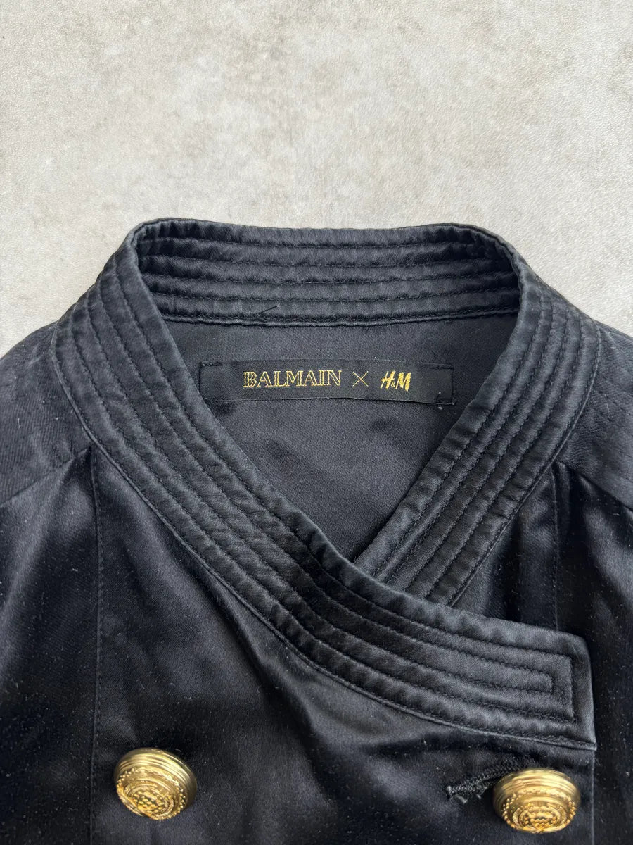 AW2015 Balmain X H&M Black Double-Breasted Light Silk Jacket IHzQROuy 9