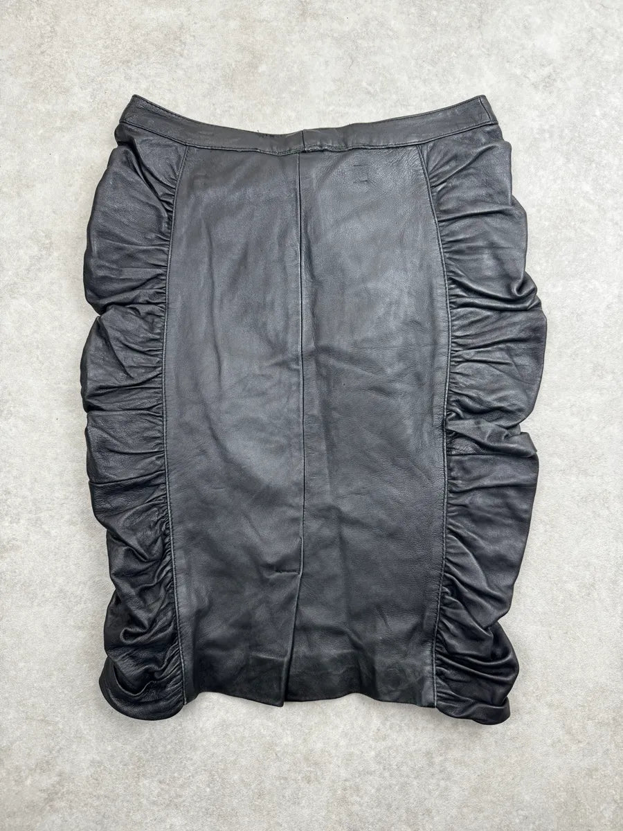 AW2003 Dolce & Gabbana Black Leather Ruffled Zip Skirt XJFETEJn 0