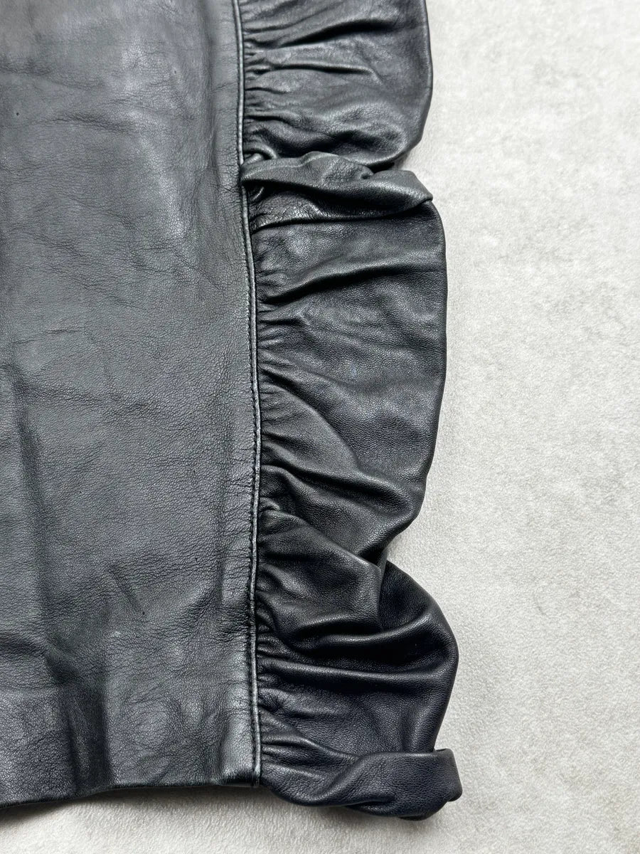 AW2003 Dolce & Gabbana Black Leather Ruffled Zip Skirt XJFETEJn 9