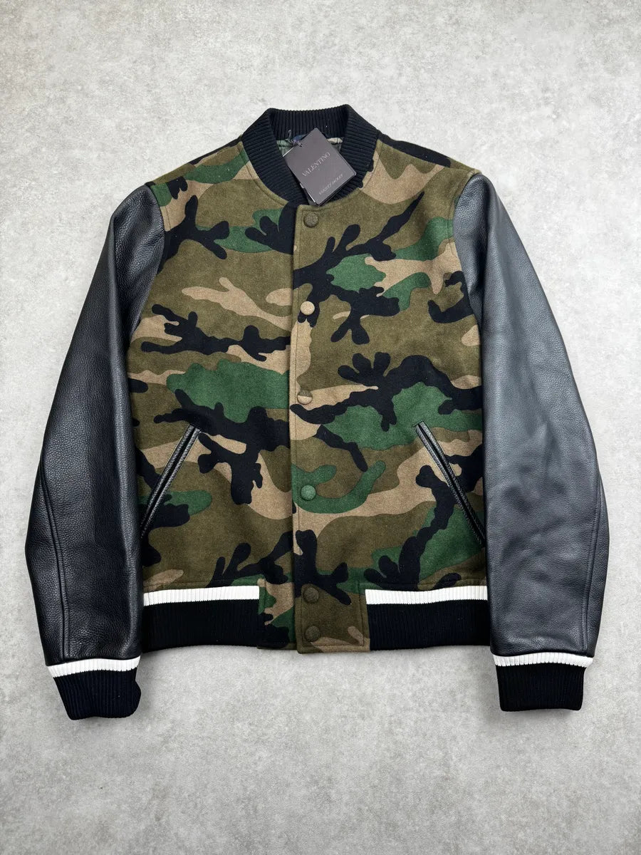 Valentino Green & Black Camouflage Teddy Leather Bomber Jacket gusHCjIV 0