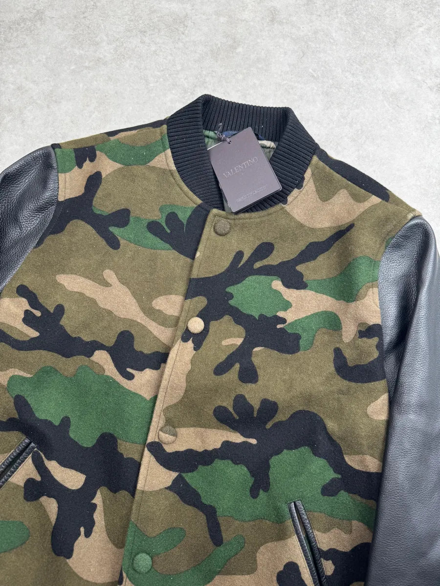 Valentino Green & Black Camouflage Teddy Leather Bomber Jacket gusHCjIV 4