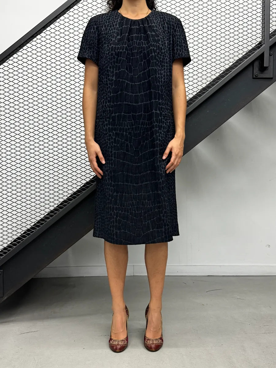 FW2007 Yves Saint Laurent Black Crocodile Pattern Jacquard Dress cnBLSjIg 3