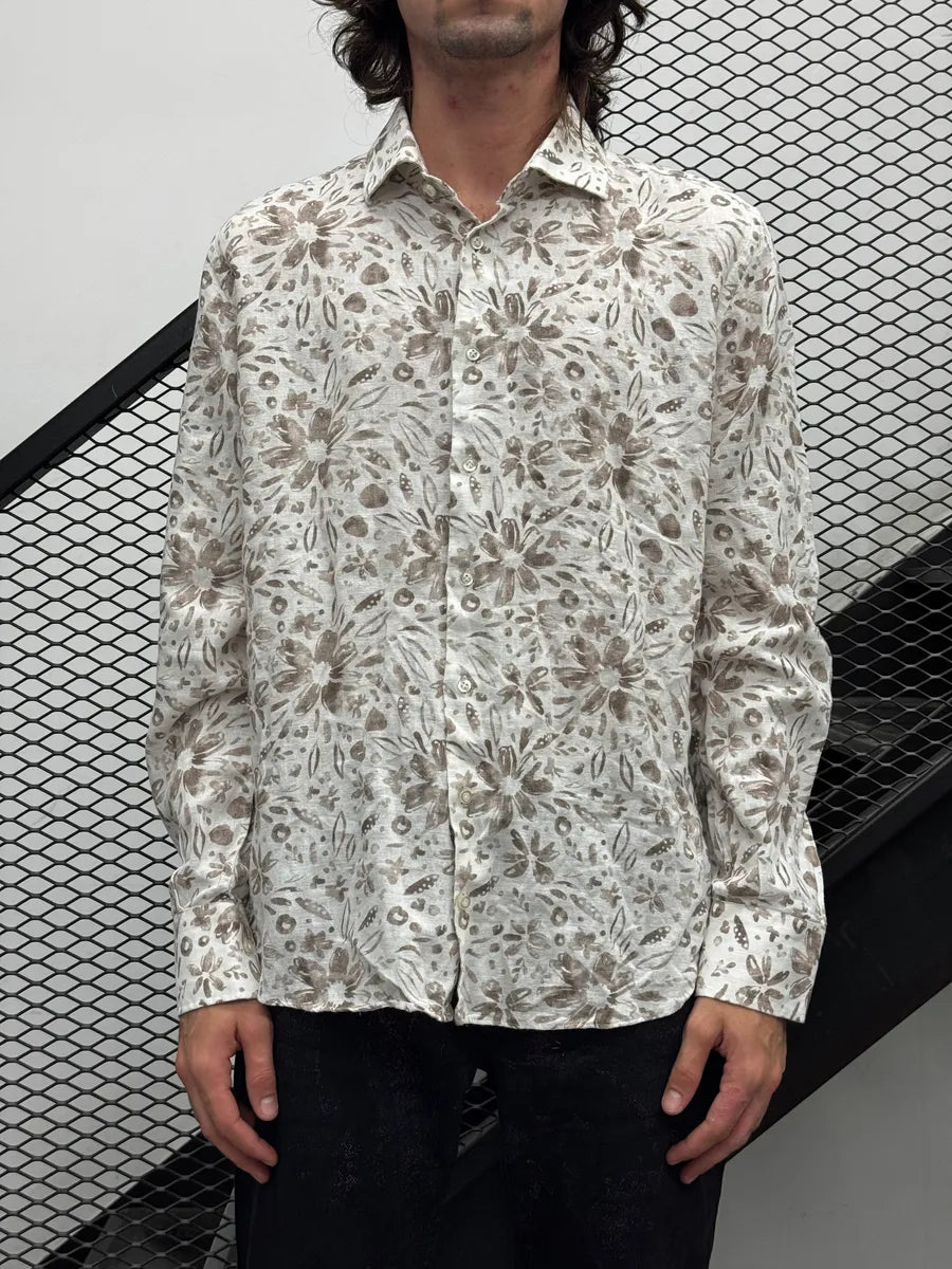 2000s Cavalli Freedom White & Beige Linen Floral Print Shirt EvIQbUyW 0