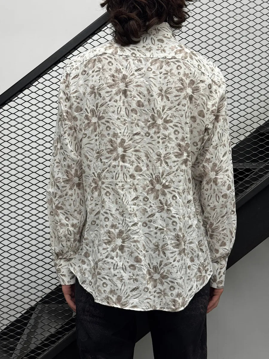 2000s Cavalli Freedom White & Beige Linen Floral Print Shirt EvIQbUyW 3
