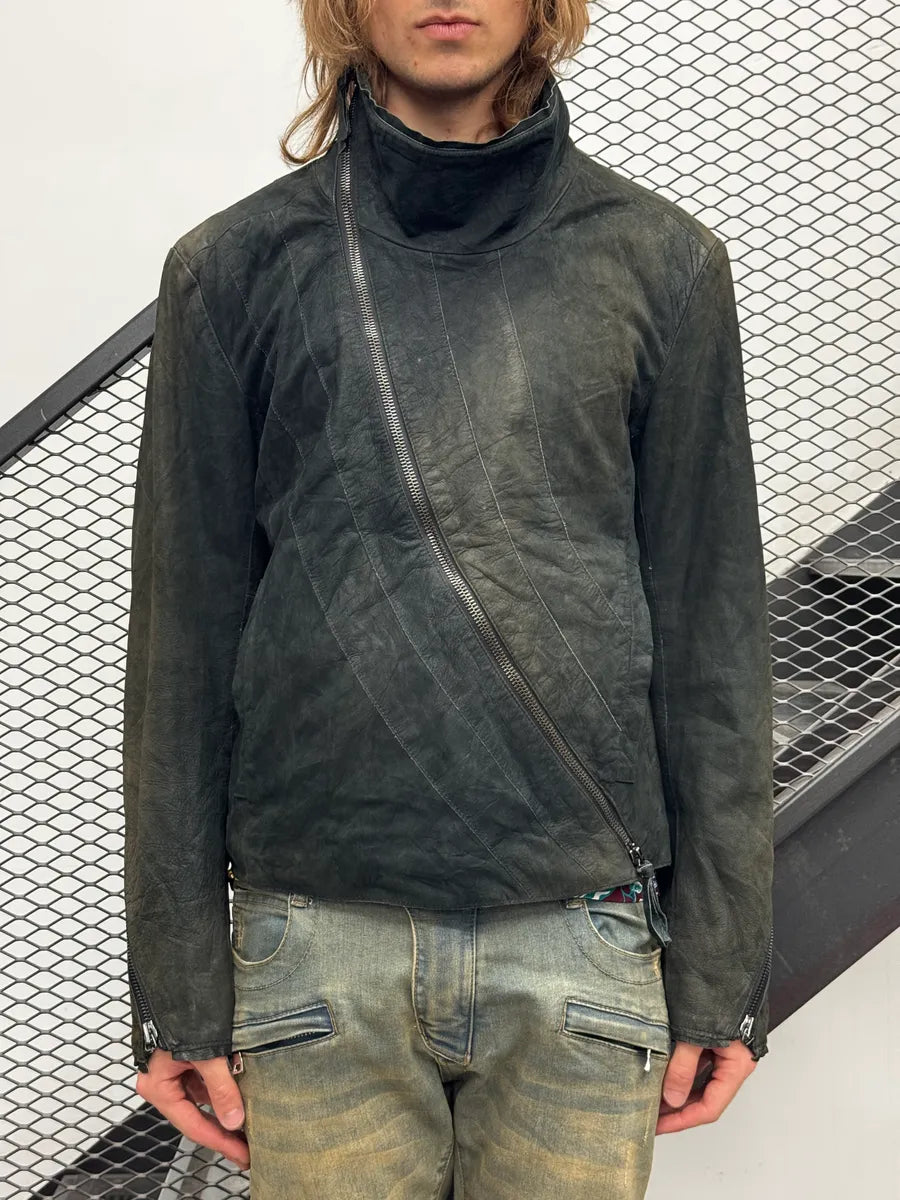 AW2011 Emporio Armani Black Faded Avant-Garde Tornado Zip Leather Jacket GafcIZhR 2