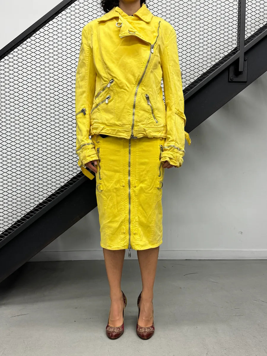 SS2005 Versace Yellow Zip Moto Biker Skirt/Jacket Set eTkEervz 2