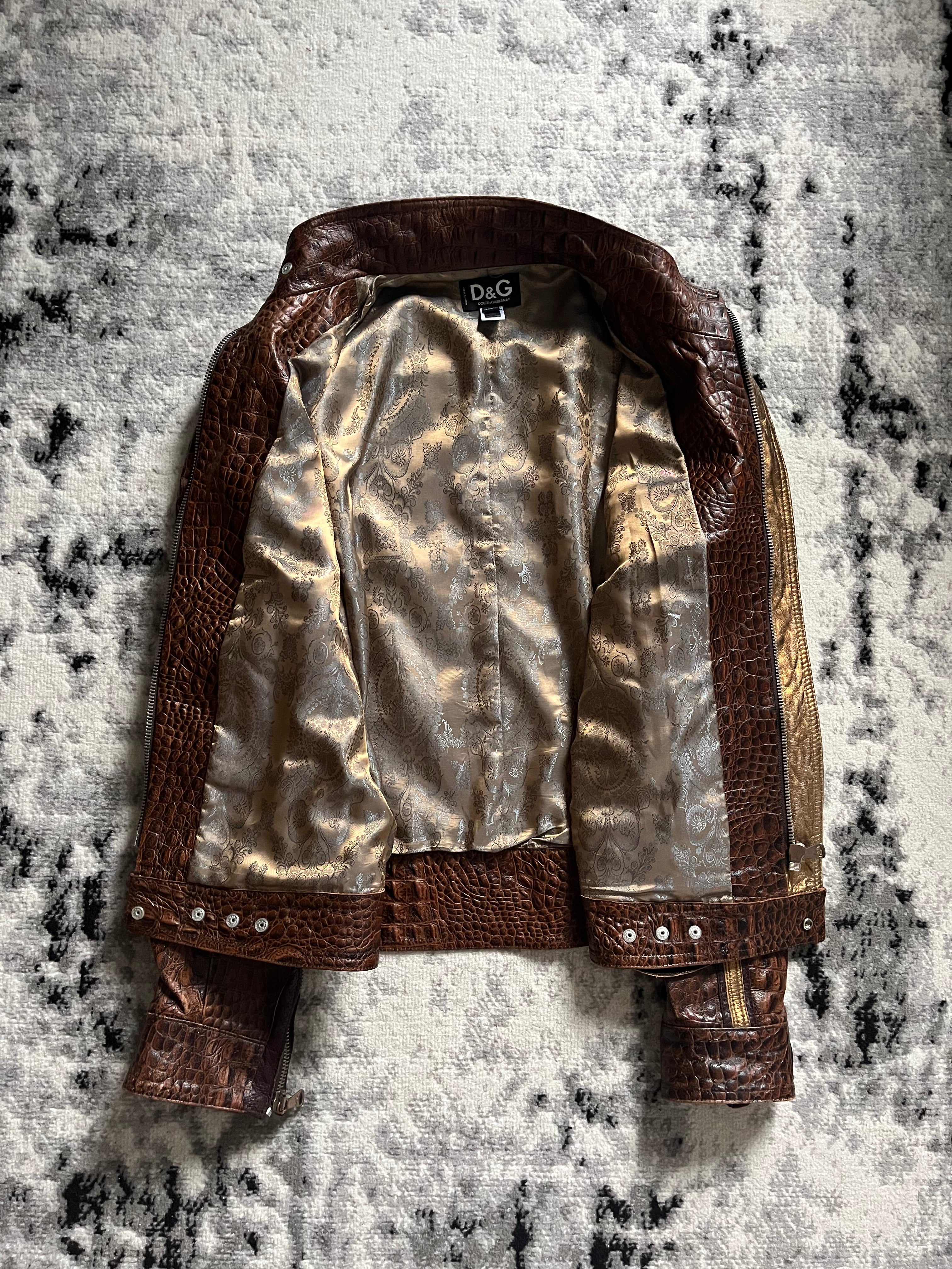 AW2005 Dolce & Gabbana Crocodile-Effect Brown Leather Utility Jacket (M)