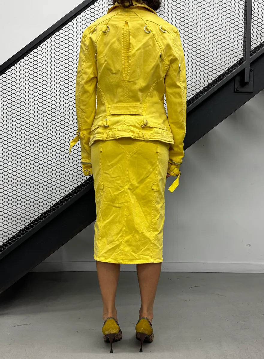 SS2005 Versace Yellow Zip Moto Biker Skirt/Jacket Set eTkEervz 4