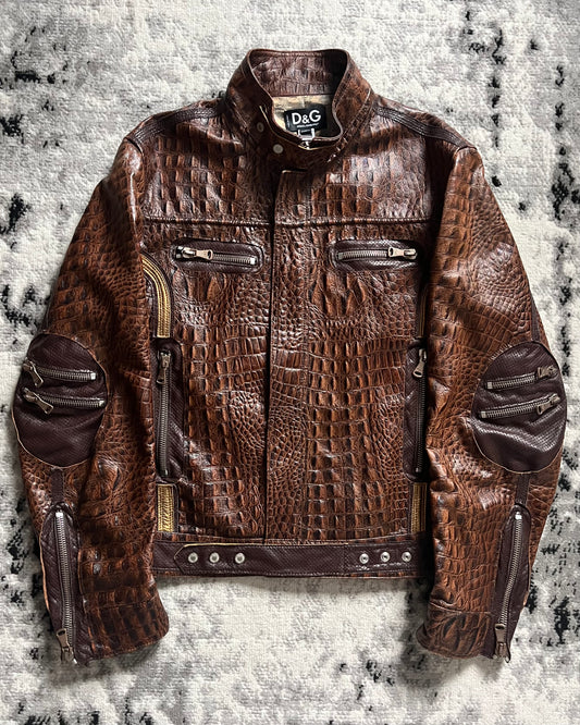 AW2005 Dolce & Gabbana Crocodile-Effect Brown Leather Utility Jacket (M)