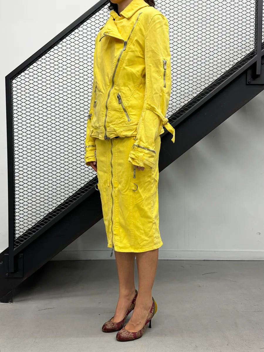 SS2005 Versace Yellow Zip Moto Biker Skirt/Jacket Set eTkEervz 3
