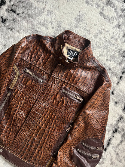 AW2005 Dolce & Gabbana Crocodile-Effect Brown Leather Utility Jacket (M)