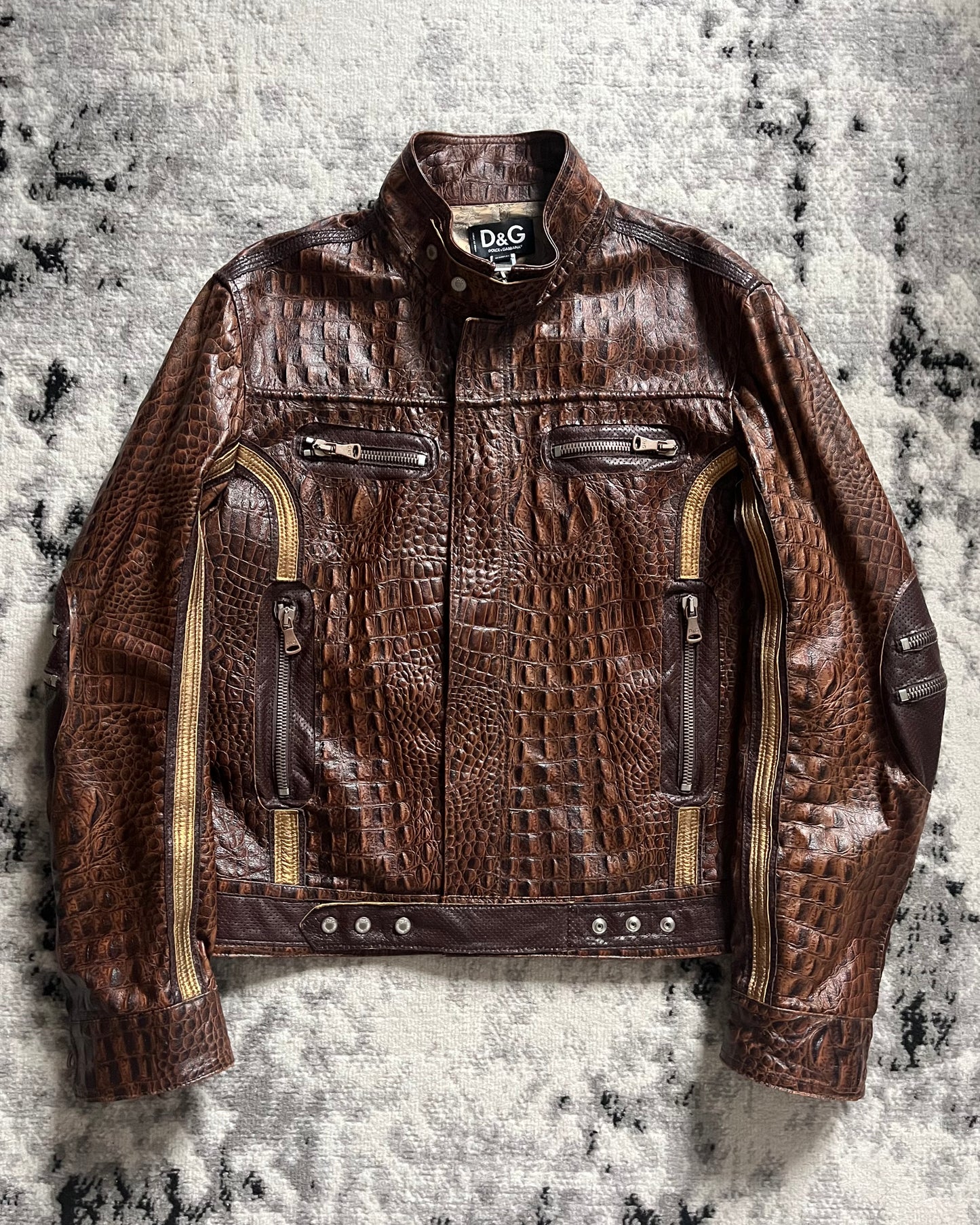 AW2005 Dolce & Gabbana Crocodile-Effect Brown Leather Utility Jacket (M)