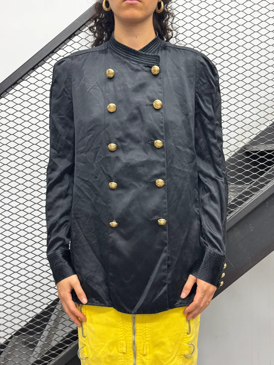 AW2015 Balmain X H&M Black Double-Breasted Light Silk Jacket IHzQROuy 1
