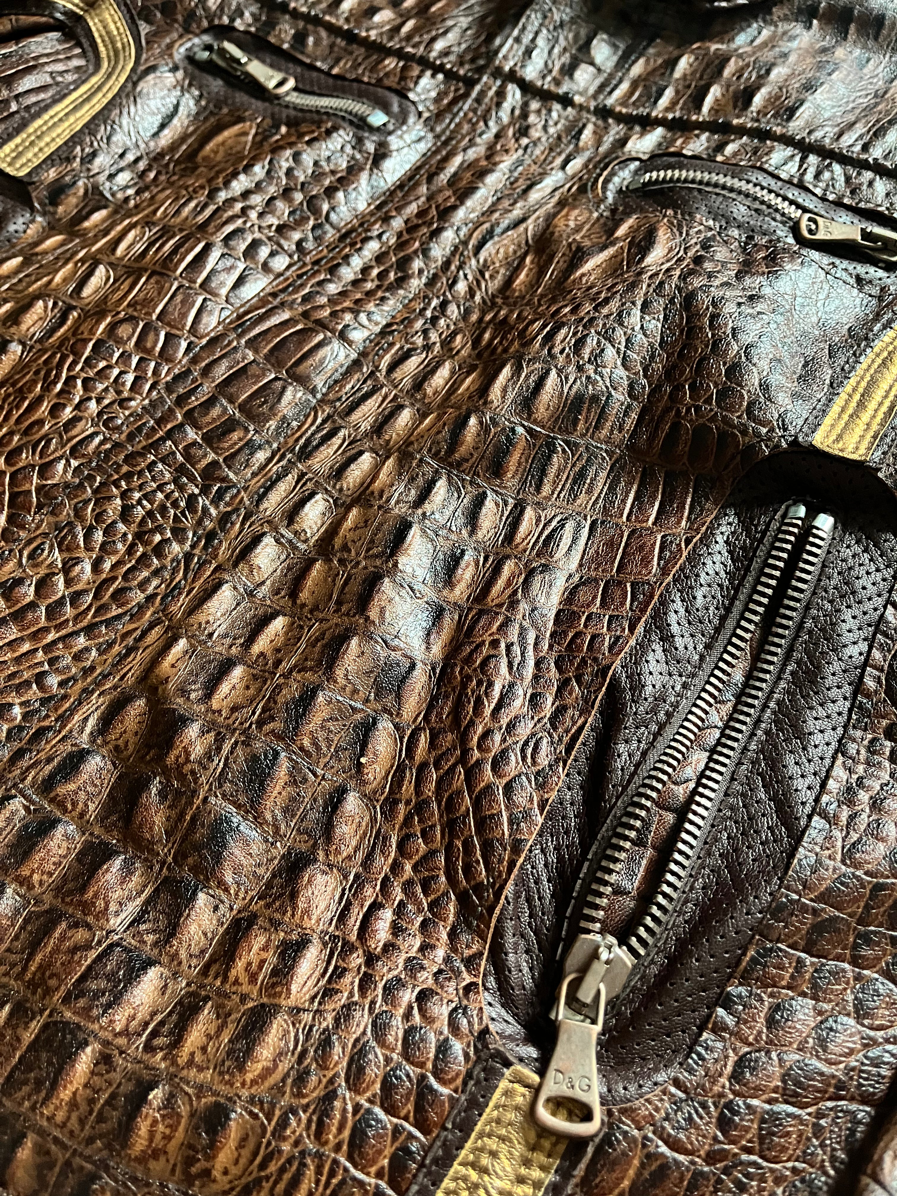 AW2005 Dolce & Gabbana Crocodile-Effect Brown Leather Utility Jacket (M)