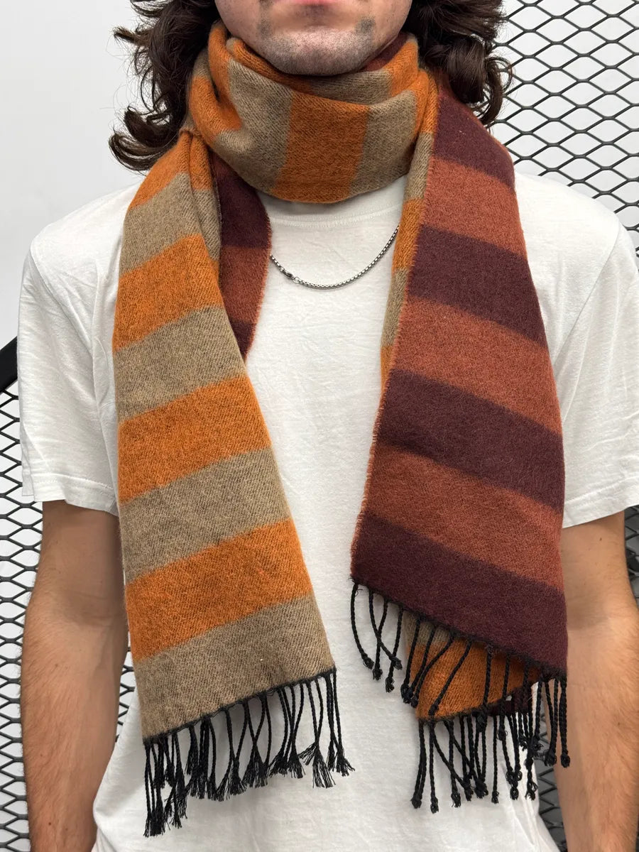 2000s Dries Van Noten Brown Orange Teint Striped Reversible Wool Scarf wBhDuNBX 0