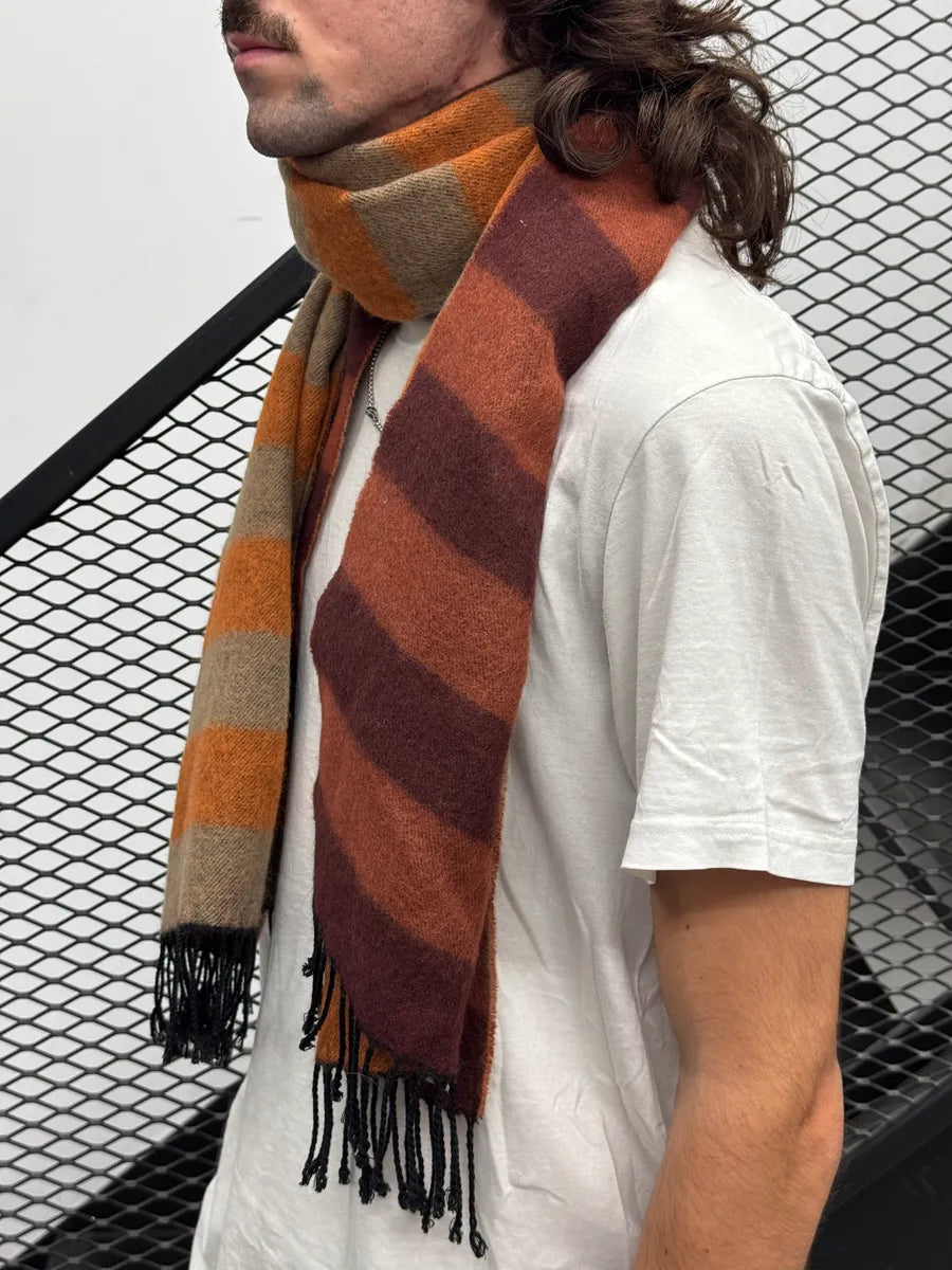 2000s Dries Van Noten Brown Orange Teint Striped Reversible Wool Scarf wBhDuNBX 1