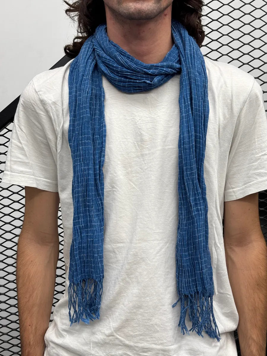 Bottega Veneta Blue Crinkled Grid-Check Scarf QGOLxwVt 2