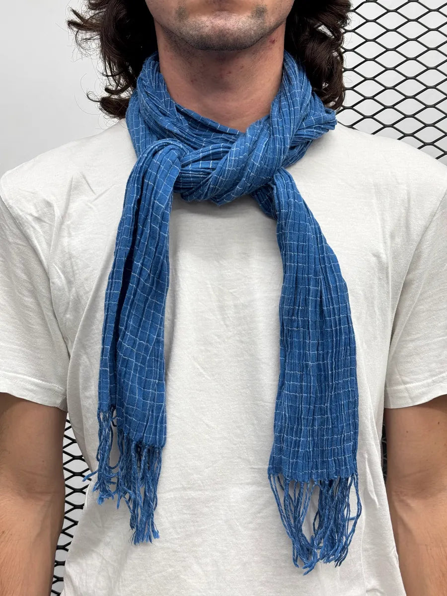 Bottega Veneta Blue Crinkled Grid-Check Scarf QGOLxwVt 0
