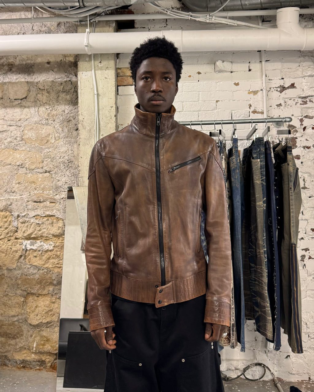 FW2011 Emporio Armani Brown Calf Leather Biker Jacket