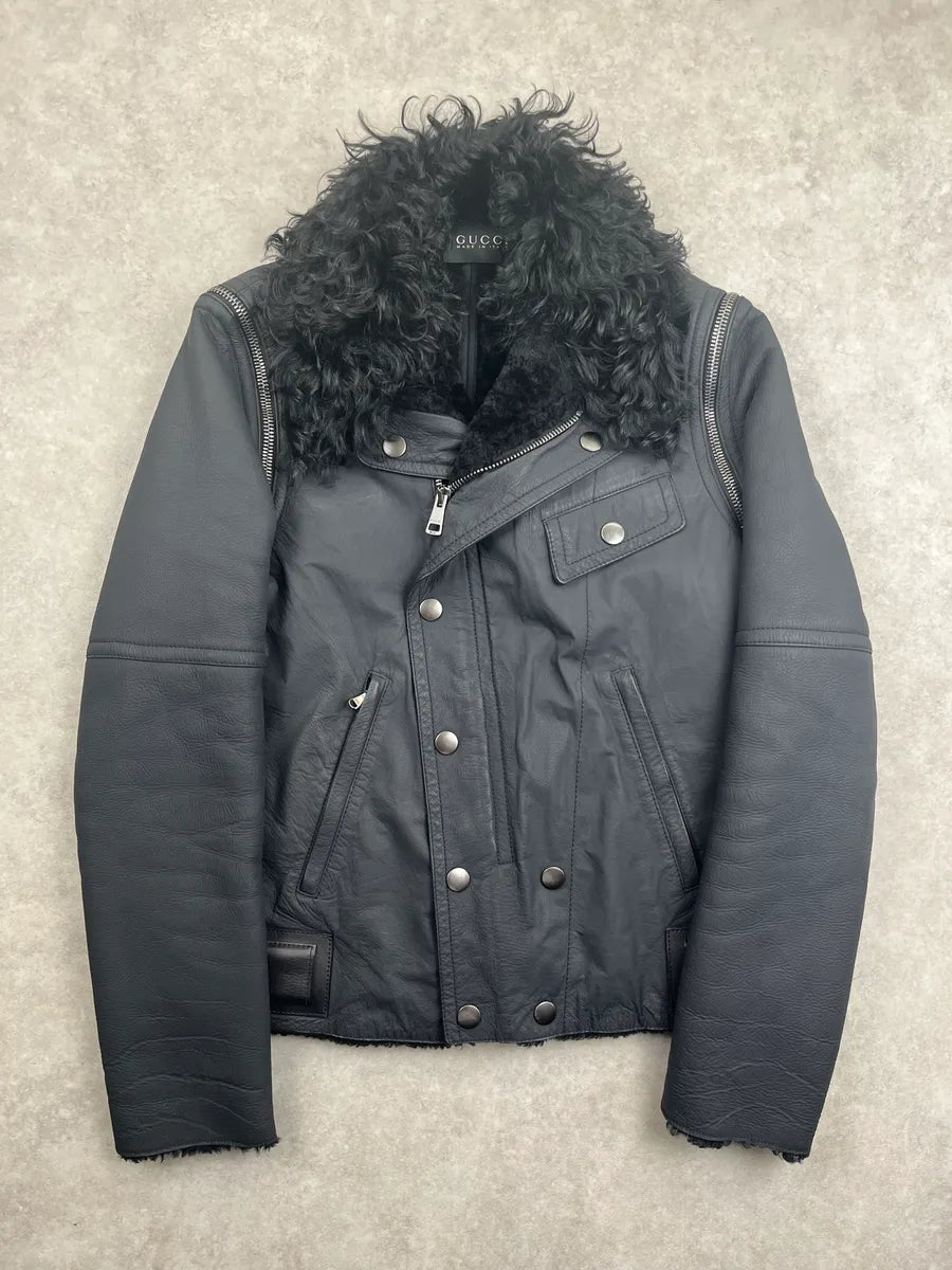 AW2009 Gucci Black Shearling Zip-Off Leather Jacket by Frida Giannini GHlmXsav 2