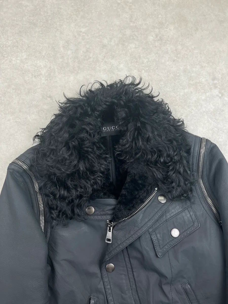 AW2009 Gucci Black Shearling Zip-Off Leather Jacket by Frida Giannini GHlmXsav 10
