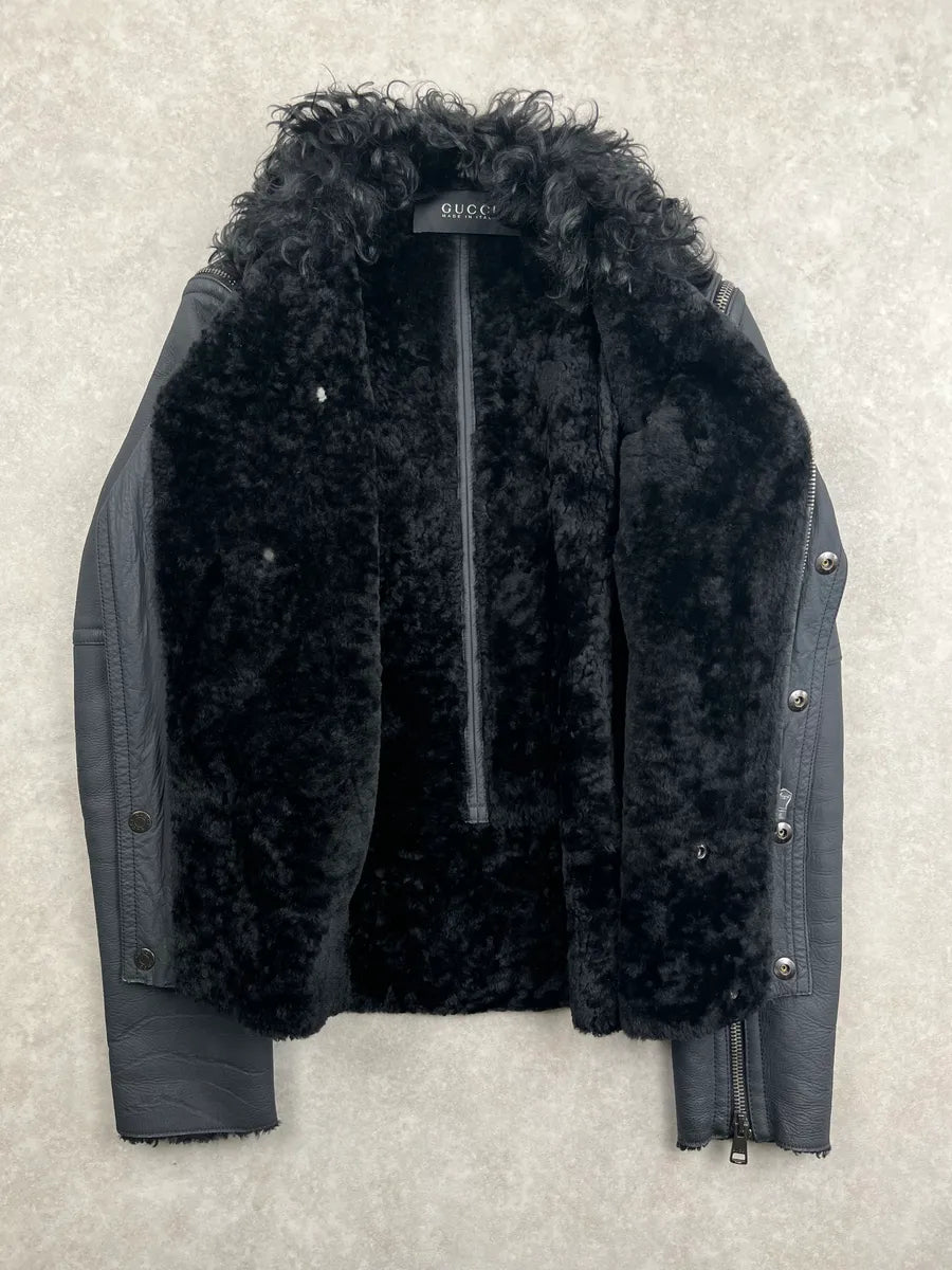 AW2009 Gucci Black Shearling Zip-Off Leather Jacket by Frida Giannini GHlmXsav 6