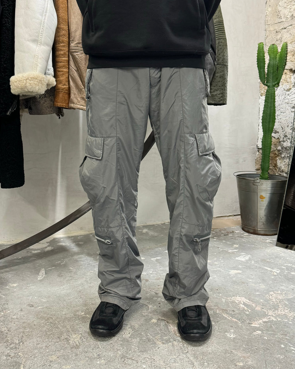 2000s Marithé + François Girbaud Tactical Grey Nylon Cargo Pants