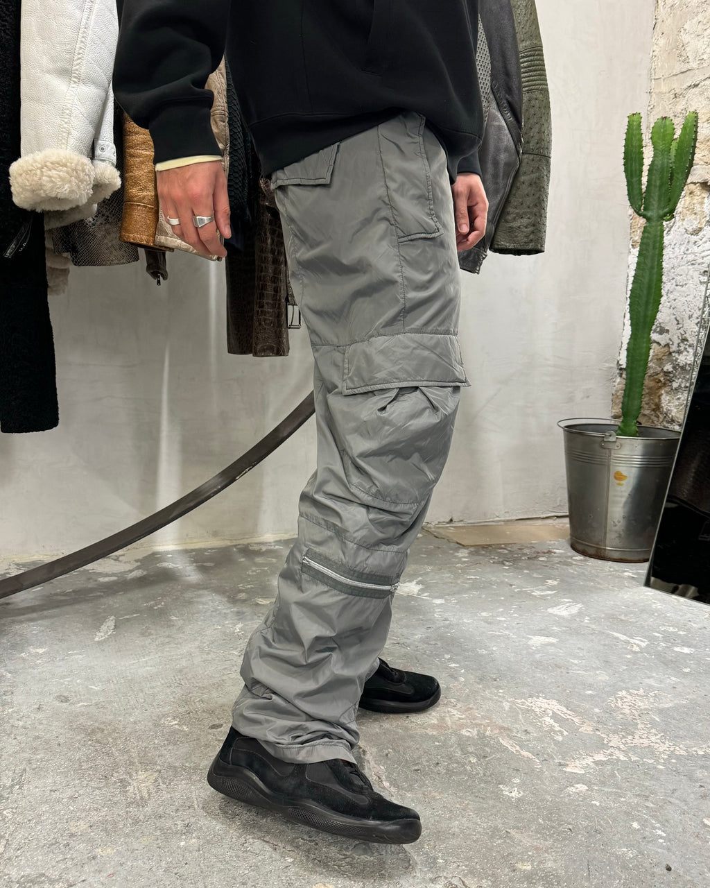 2000s Marithé + François Girbaud Tactical Grey Nylon Cargo Pants