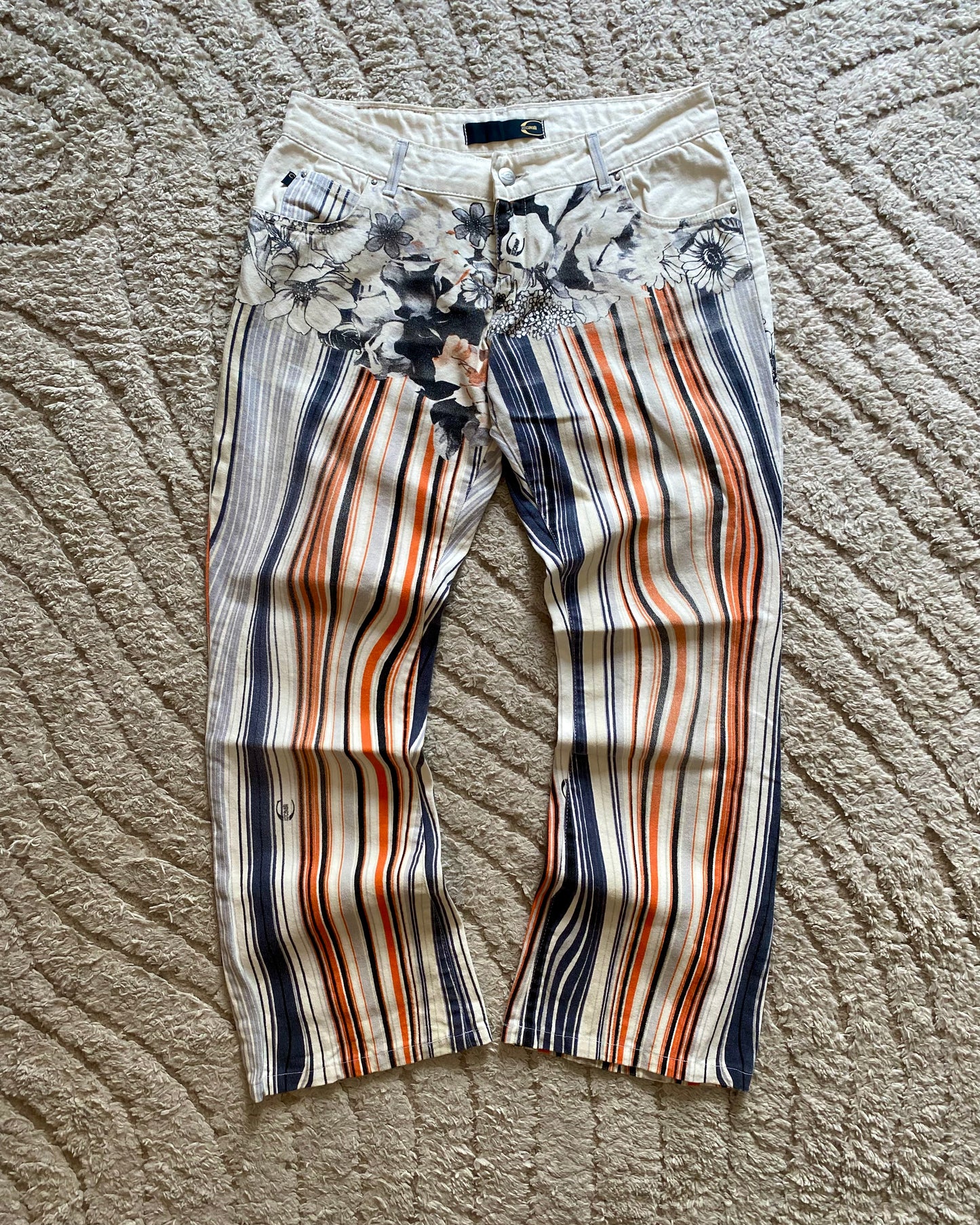 00’s Just Cavalli White Striped&Floral Jeans (S/XS)