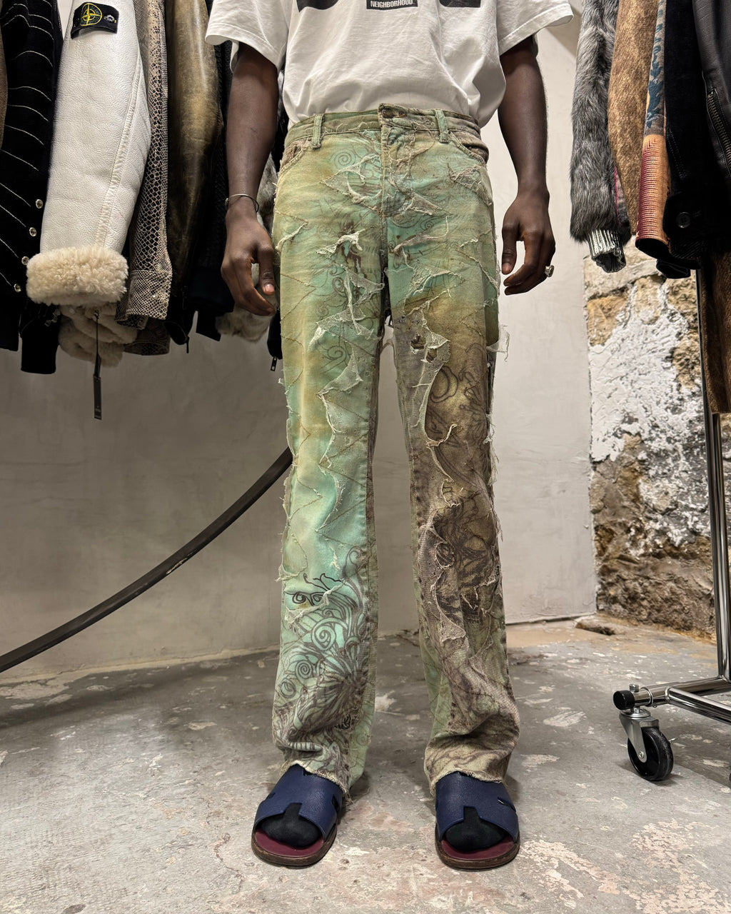 2000s Cavalli Destructured Artistic Floral Blue Pants