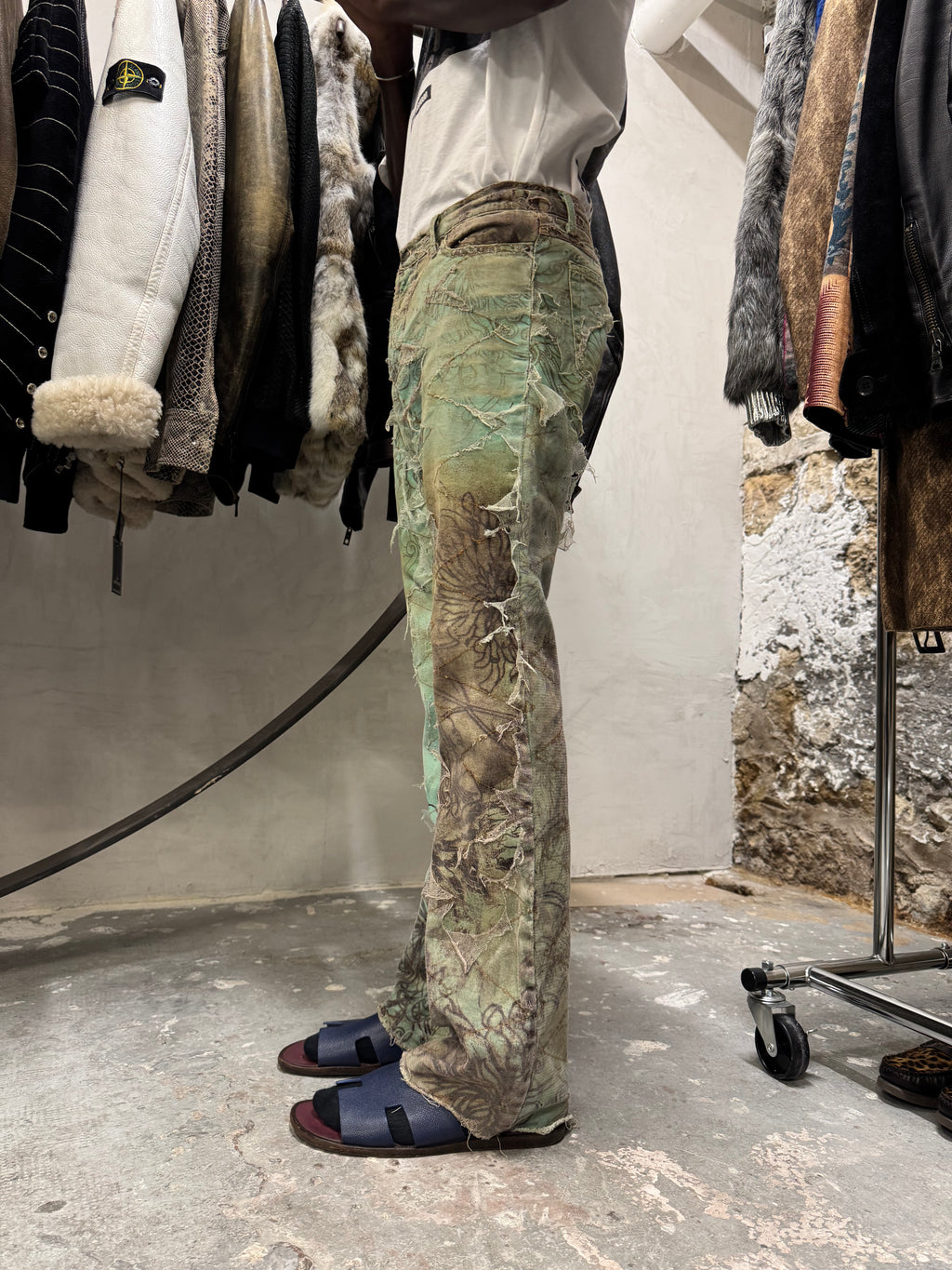 2000s Cavalli Destructured Artistic Floral Blue Pants