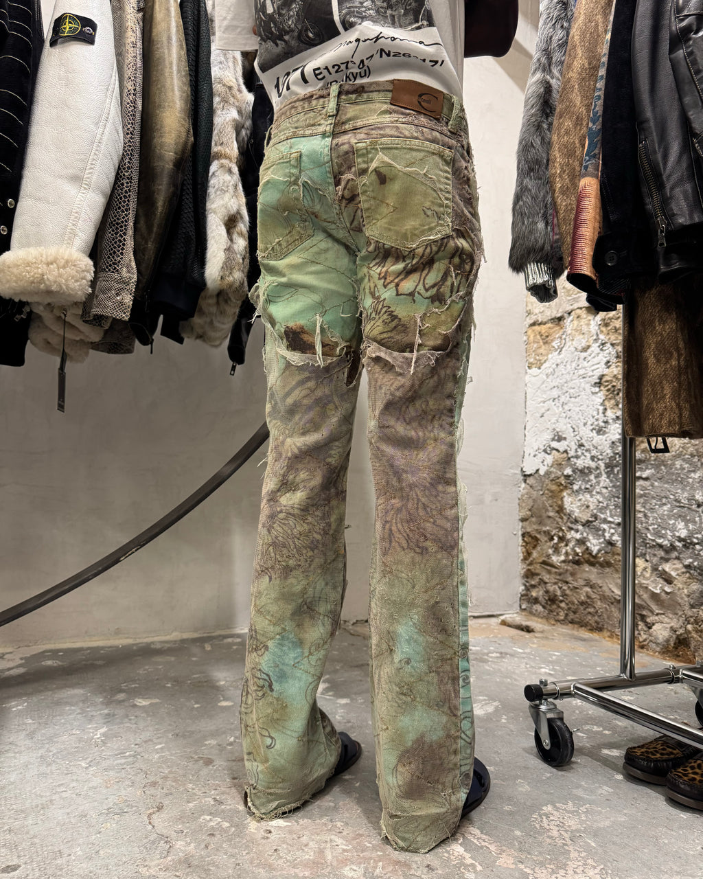 2000s Cavalli Destructured Artistic Floral Blue Pants