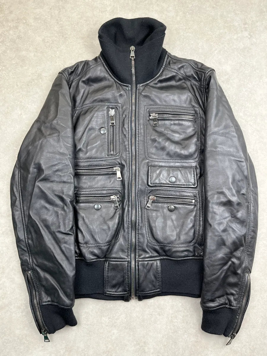 2000s Dolce & Gabbana Black Sheepskin Leather Multi-Pocket Mafia Jacket ebyptIP 0