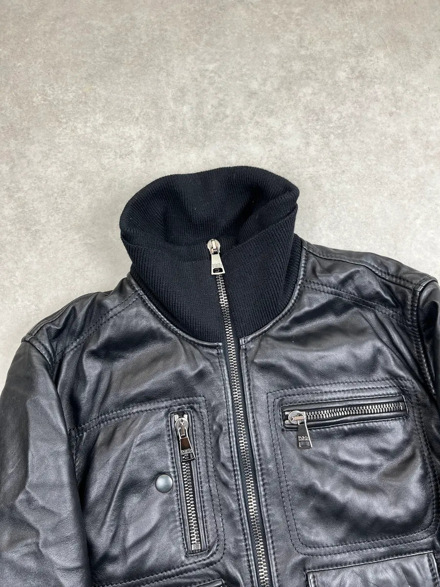 2000s Dolce & Gabbana Black Sheepskin Leather Multi-Pocket Mafia Jacket ebyptIP 5