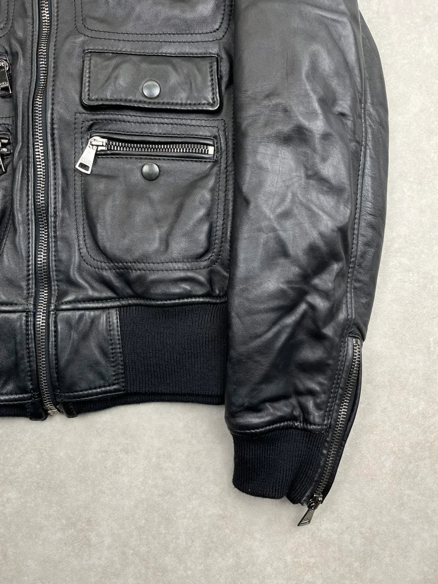 2000s Dolce & Gabbana Black Sheepskin Leather Multi-Pocket Mafia Jacket ebyptIP 7