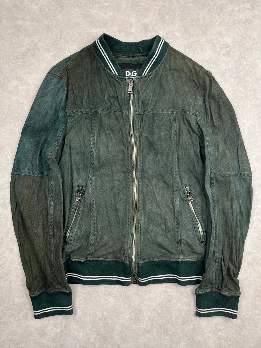 2000s Dolce & Gabbana Green Leather Perforated Bomber Jacket NOrOwxCL 0