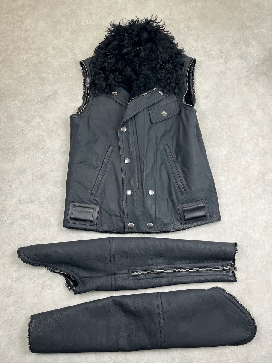 AW2009 Gucci Black Shearling Zip-Off Leather Jacket by Frida Giannini GHlmXsav 3