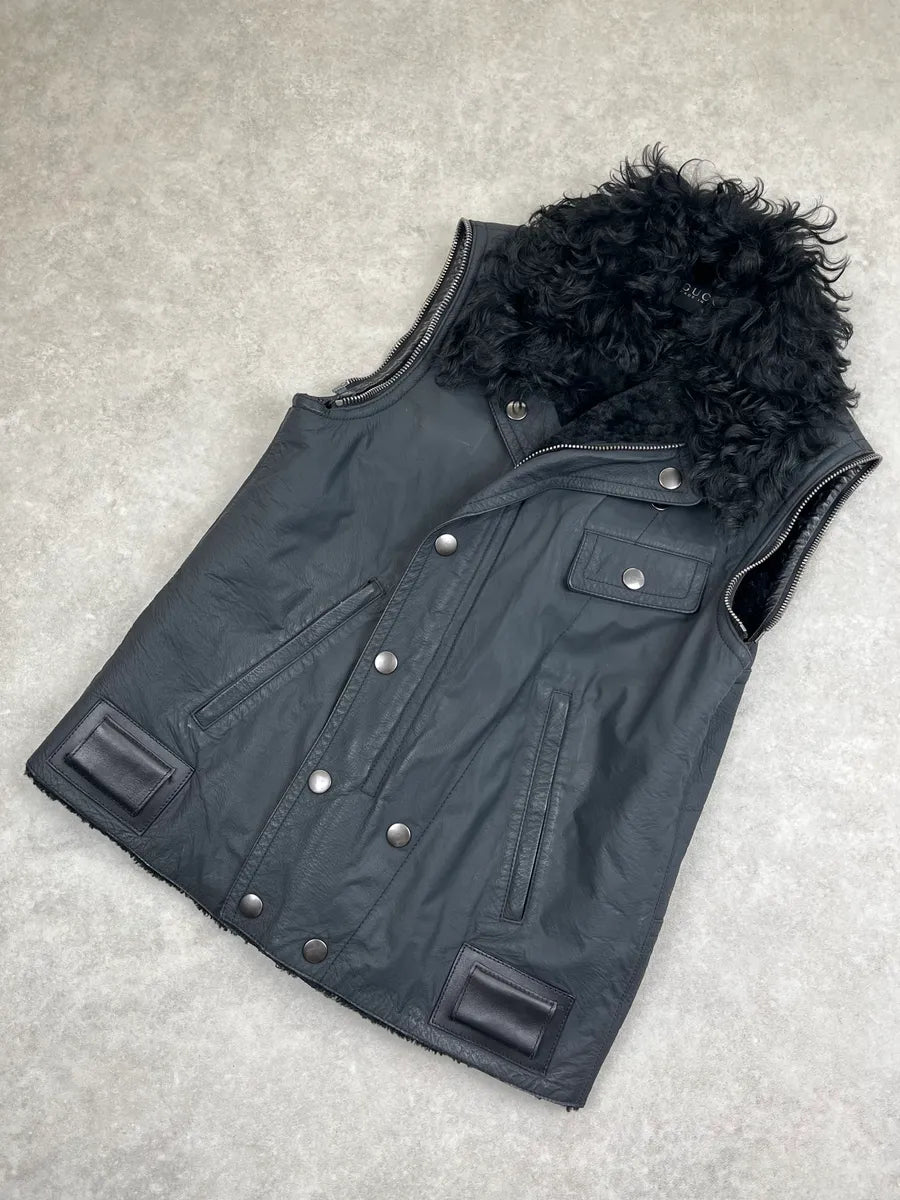 AW2009 Gucci Black Shearling Zip-Off Leather Jacket by Frida Giannini GHlmXsav 4