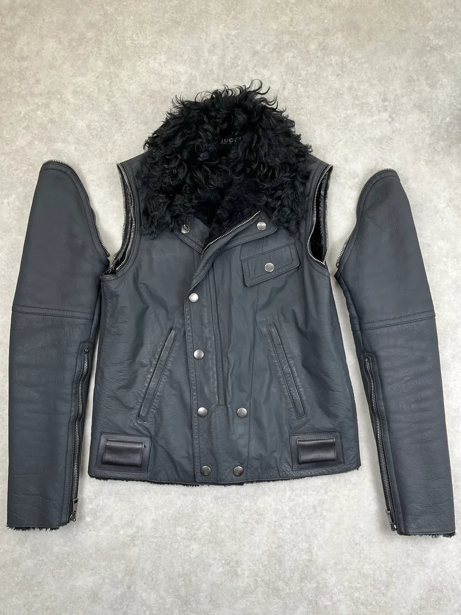 AW2009 Gucci Black Shearling Zip-Off Leather Jacket by Frida Giannini GHlmXsav 0