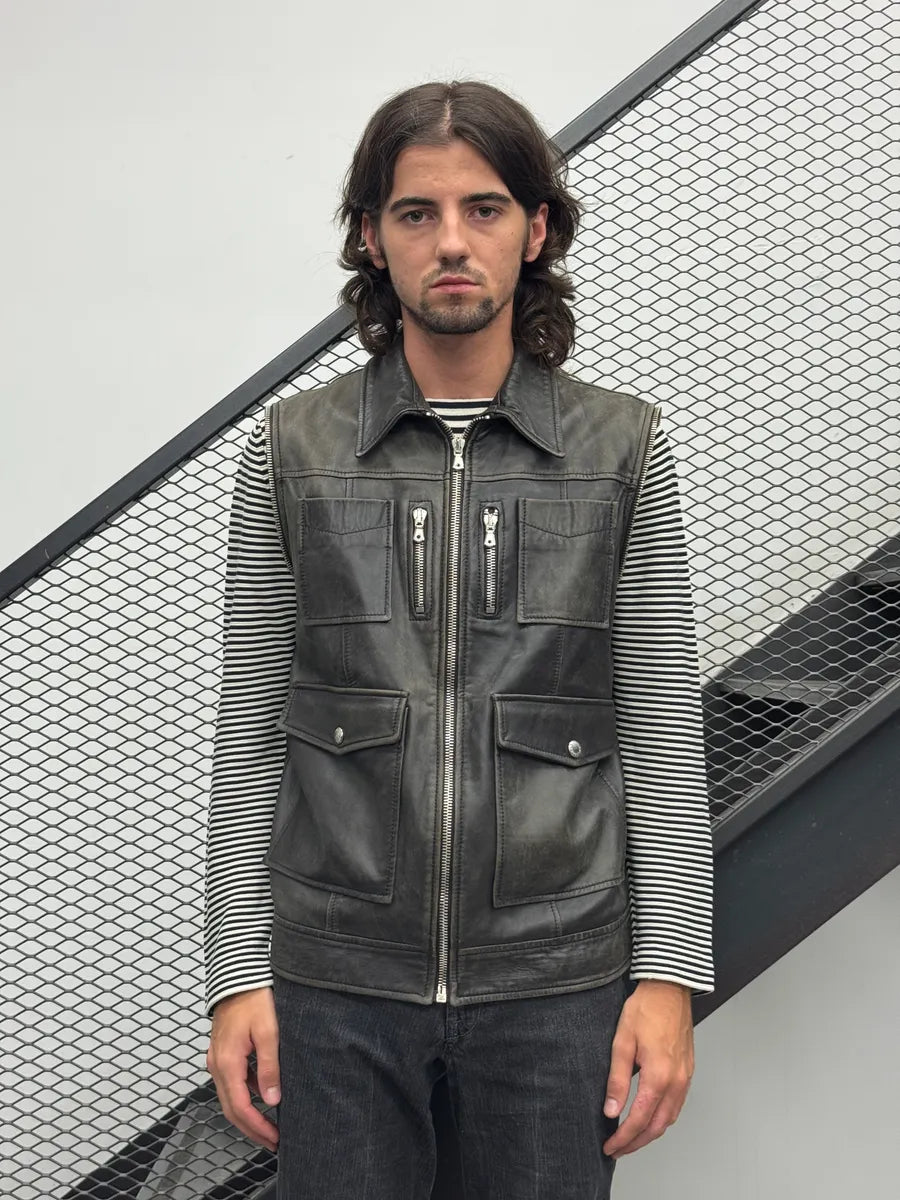 SS2002 Dolce & Gabbana Black Leather Detachable-Sleeve Multi-Pocket Leather Jacket eqBzPgNg 3