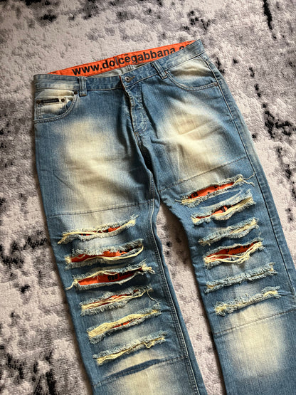 FW2006 Dolce & Gabbana Orange Poem Faded Jeans (L/XL)