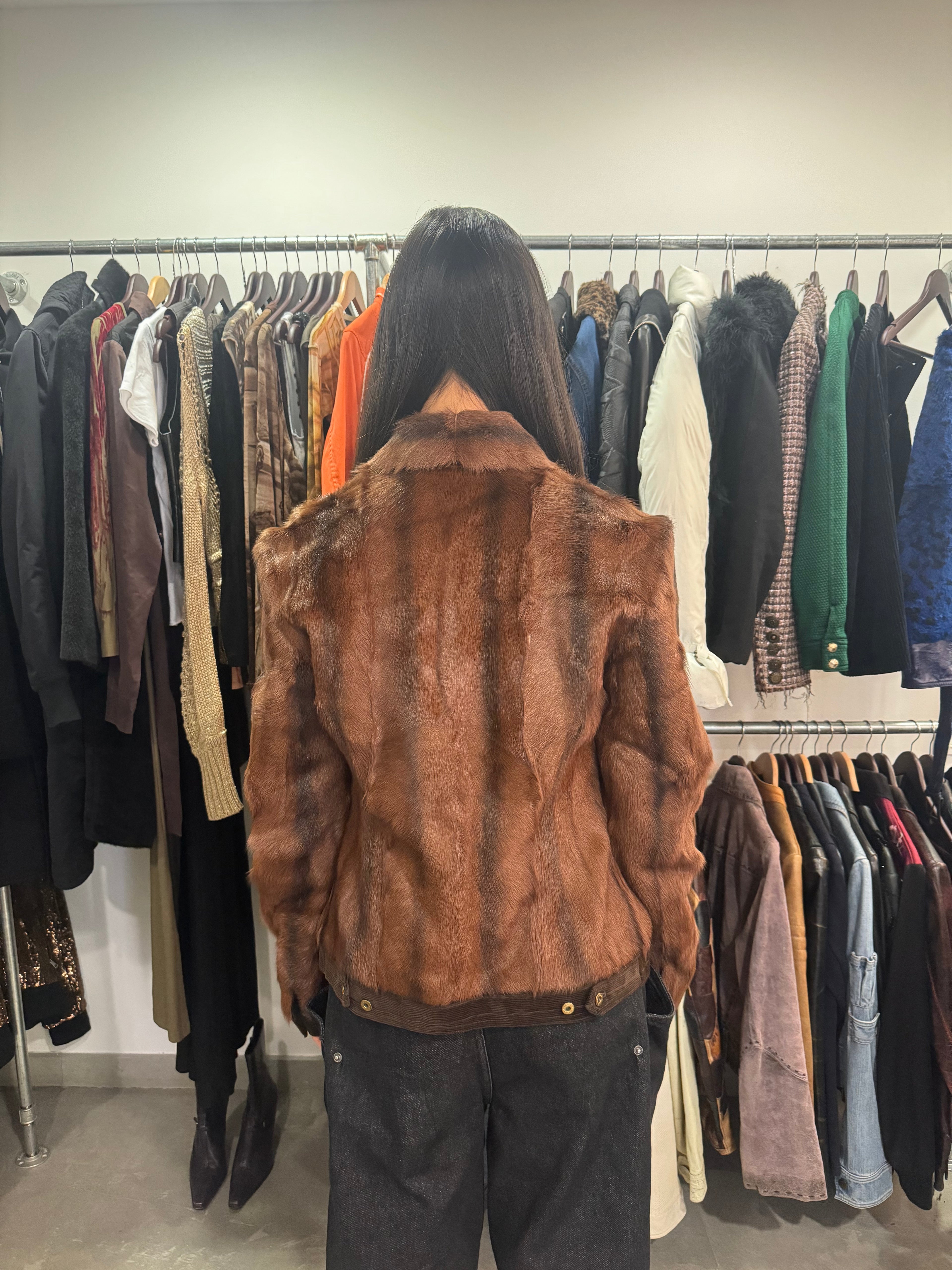 2000s Dolce & Gabbana Brown Fur Buttoned Velvet Jacket