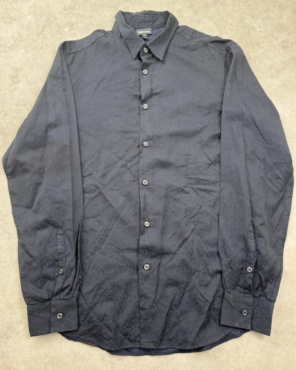 SS2016 Cavalli Dark Navy Tonal Leopard Jacquard Logo Embroidered Shirt fgojDGrQ 0