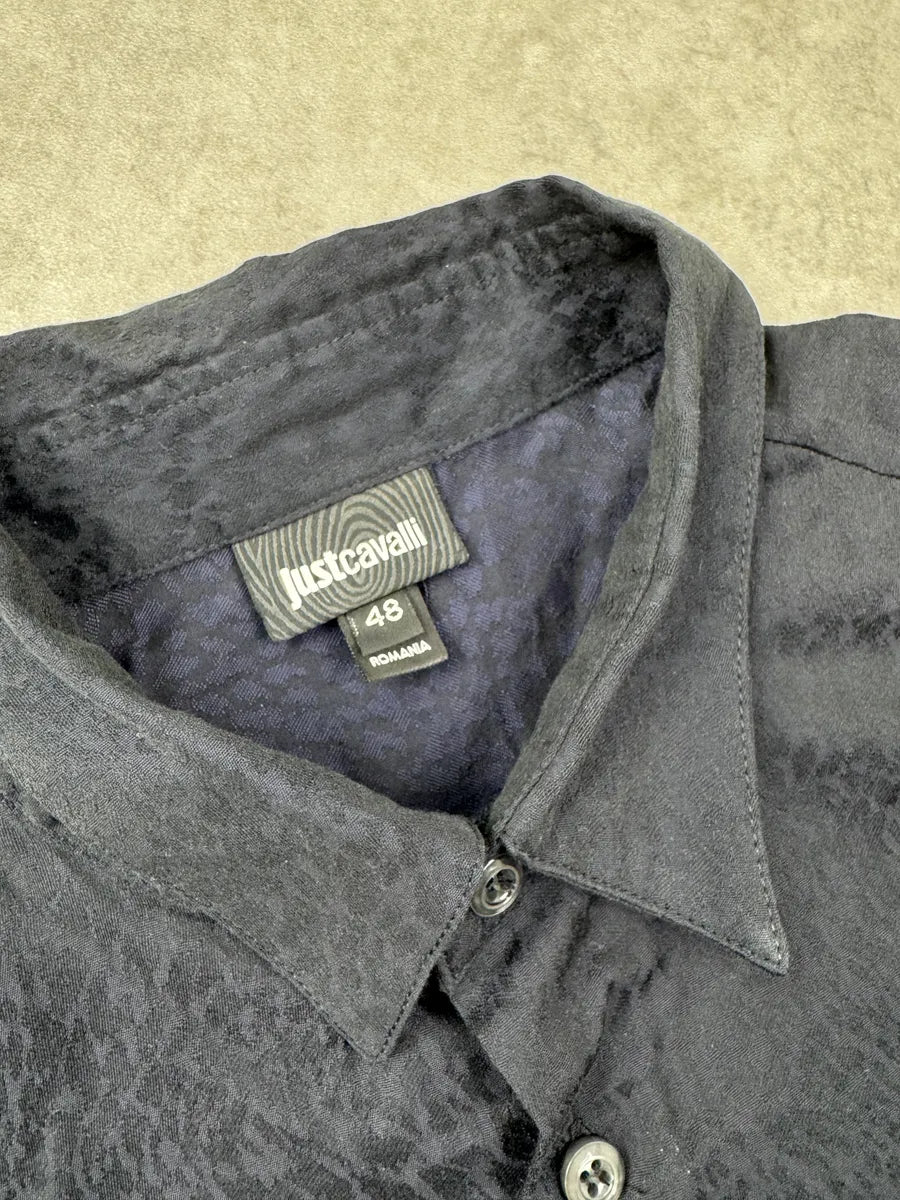 SS2016 Cavalli Dark Navy Tonal Leopard Jacquard Logo Embroidered Shirt fgojDGrQ 7
