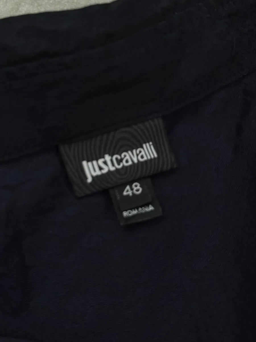 SS2016 Cavalli Dark Navy Tonal Leopard Jacquard Logo Embroidered Shirt fgojDGrQ 10