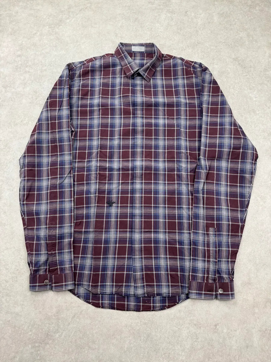 SS2009 Dior Homme Burgundy & Navy Plaid Bee Embroidered Shirt by Kris Van Assche lBanEYtb 2