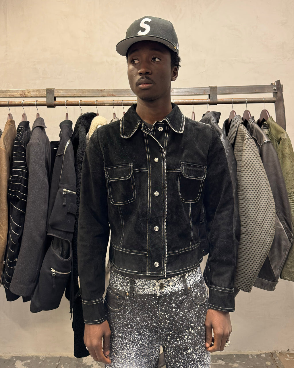 2000s Armani Black Suede Embellished Suede Leather Jacket