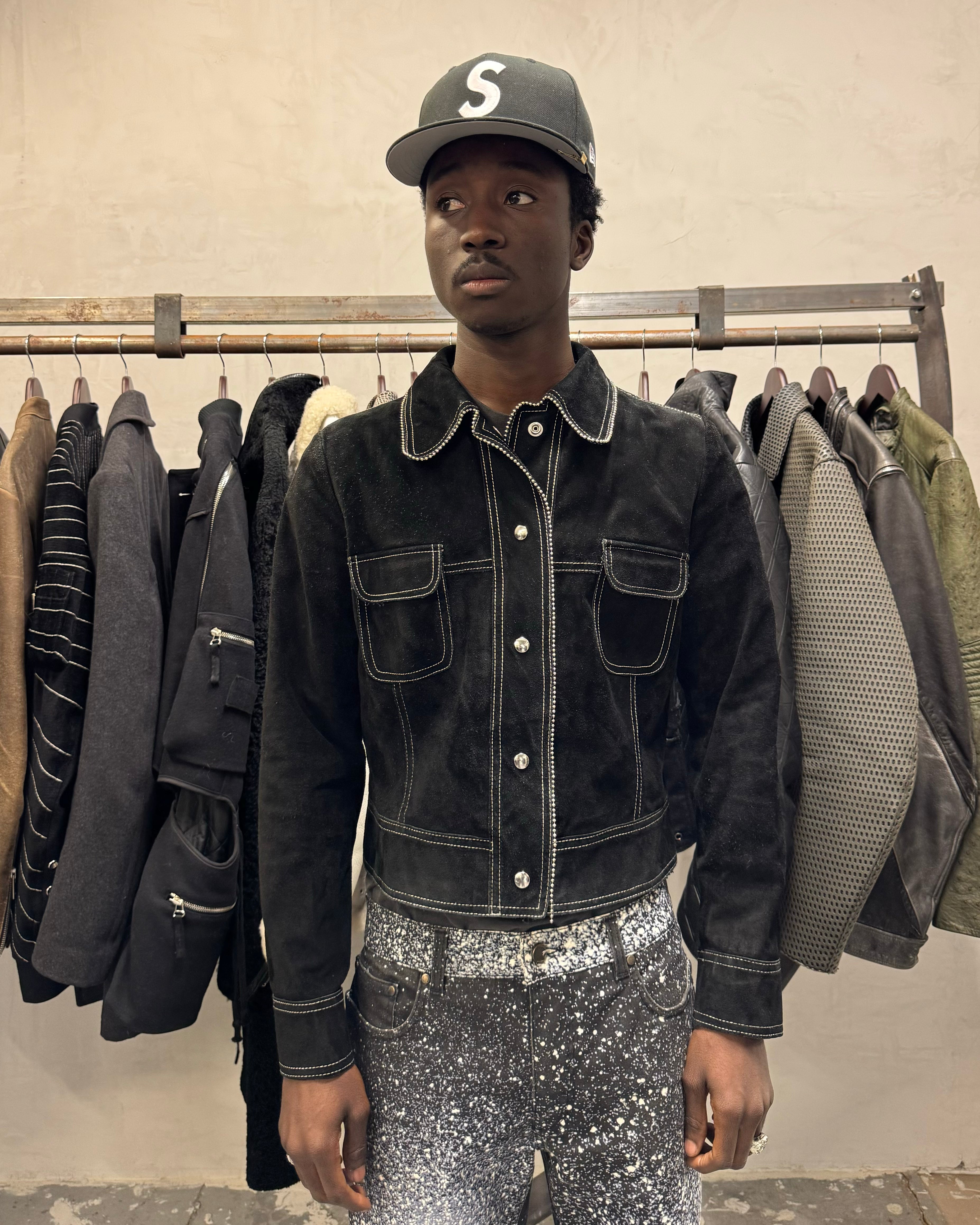 2000s Armani Black Suede Embellished Suede Leather Jacket