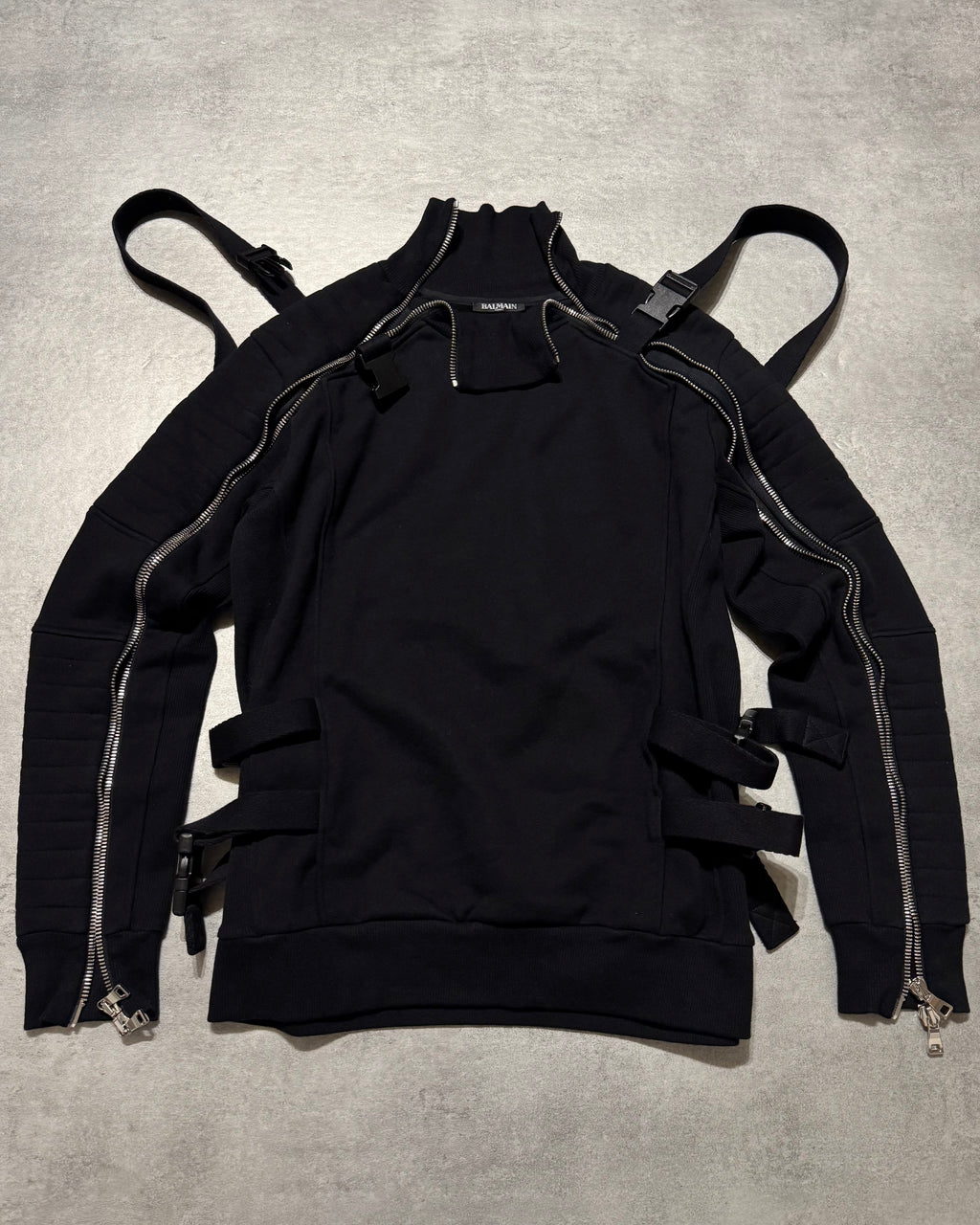 2000s Balmain Utility Arm Zippers Black Sweater (M)