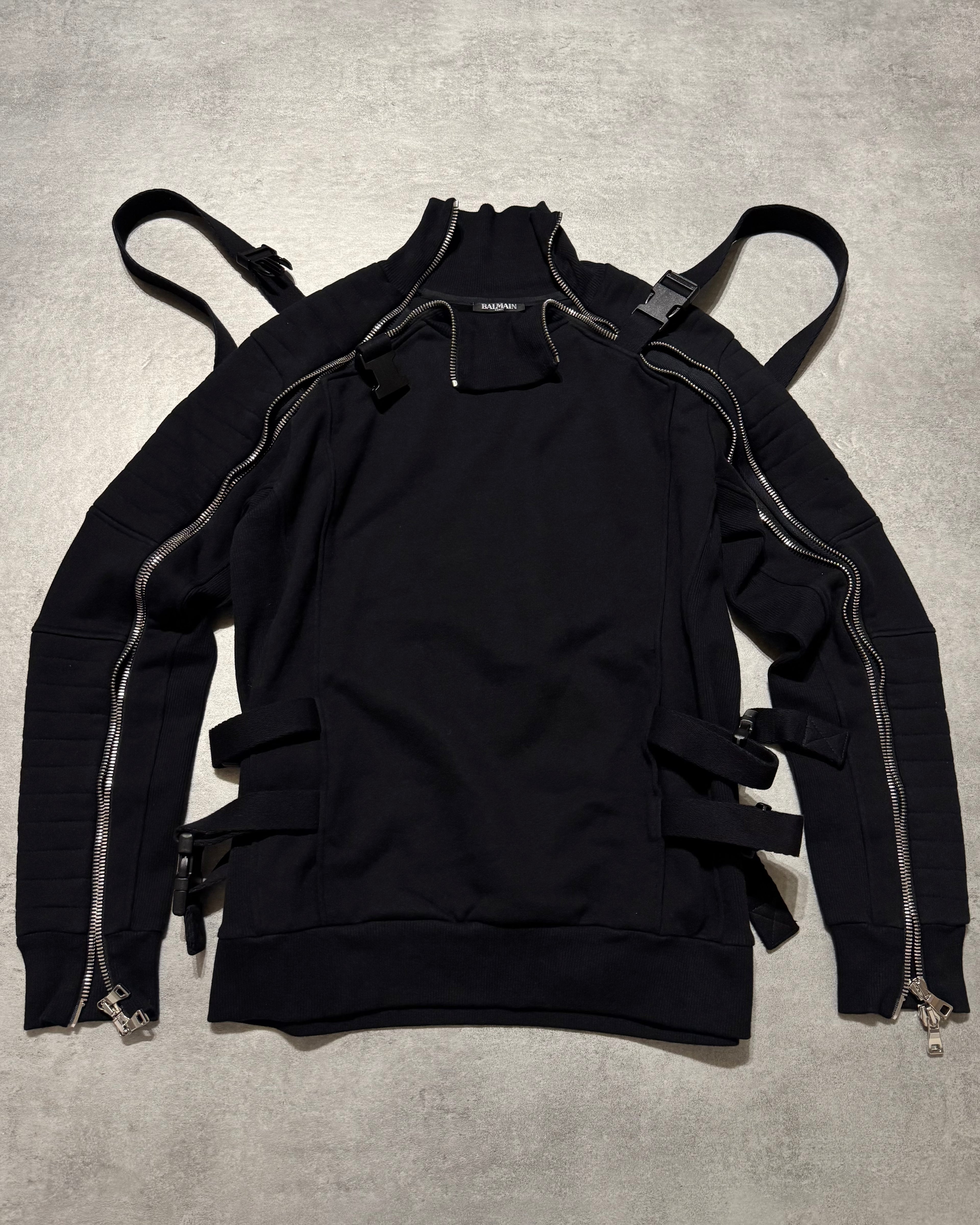 2000s Balmain Utility Arm Zippers Black Sweater (M)